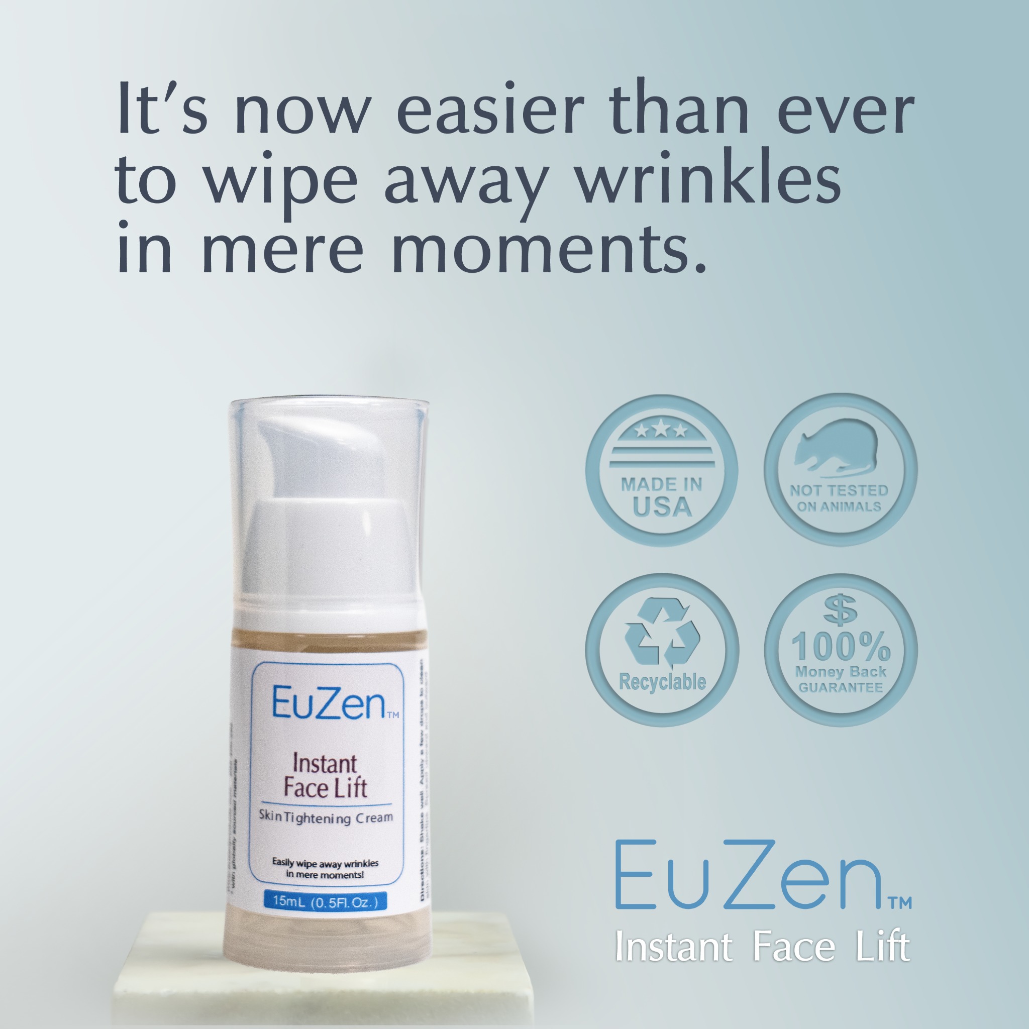 EuZen Instant Face Lift bottle on a marble pedestal with product branding and information